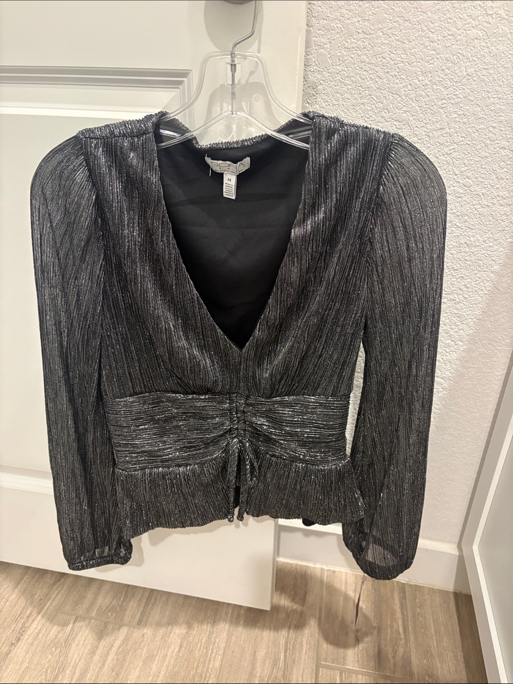 Sofia Giselle Top  by Sofia Vergara -Silver-Black Shimmery V-Neck Lined Top.